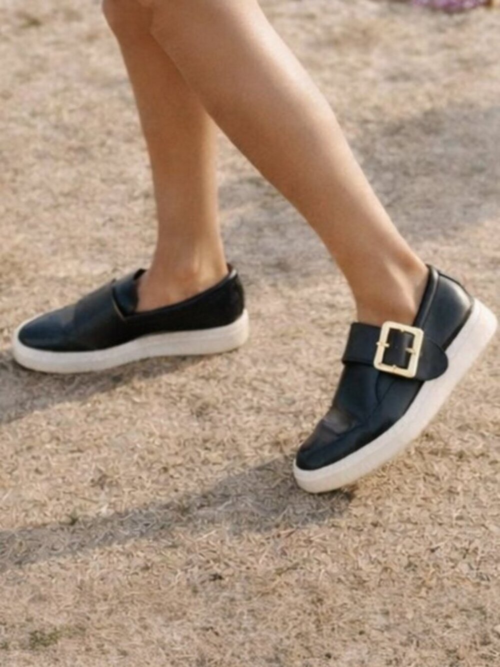 Bally Heska Black Leather Large gold Buckle Accent Slip On Sneakers Size 5.5